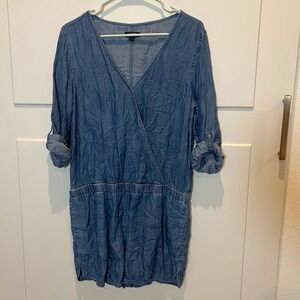 LOFT Women's Chambray Roll-Tab Sleeve V-Neck‎ Mini Romper Casual Medium Denim